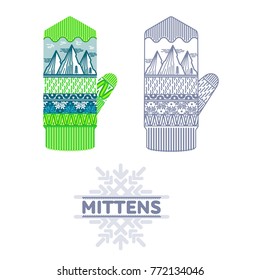 Winter mittens illustrations in soft vintage colors. Mittens logo templates with the image of mountains and pine. Vector illustrations isolated on white background.