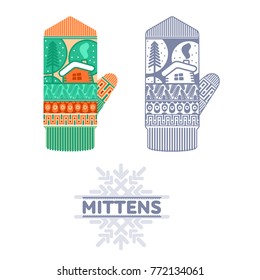 Winter mittens illustrations in soft vintage colors. Mittens logo templates with the image of mountains and pine. Vector illustrations isolated on white background.