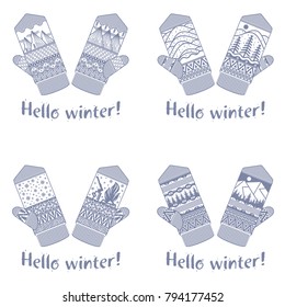 Winter mittens illustrations in soft vintage colors. Mittens logo templates with the image of mountains and pine. Vector illustrations isolated on white background.