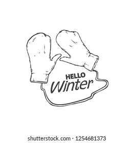 Winter mittens in line art style, mittens for coloring book, vector illustration, hello winter