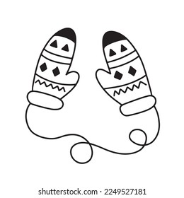 Winter mittens on a rope in the doodle style. Vector illustration isolated on a white background. Perfect for a postcard, sticker, coloring book or as a label for a knitted product