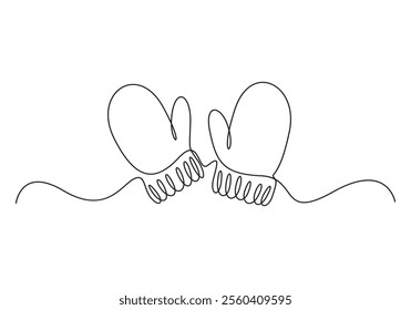 Winter Mittens one line drawing, Santa Christmas mittens. Single line, outline, line art, Continuous linear drawing of mittens. Mitten's icon. One-line drawn background, Christmas illustration