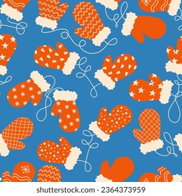 Winter mittens seamless. Christmas pattern for wrapping paper and new year fabrics and linens and festive accessories and kids clothes print. Vector illustration