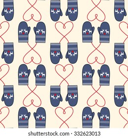 Winter mittens seamless pattern. Cute christmas background.