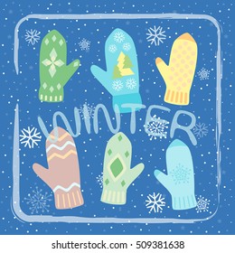 Winter mittens set on the background of snowflakes