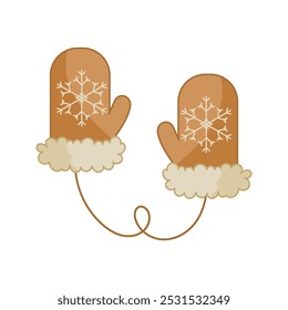 Winter mittens with a snowflake. Isolated vector element on a white background for children s books, postcards, banners, educational illustrations.