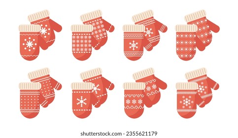 Winter mittens with snowflake ornament, set. Winter clothes and accessories. Icons, vector