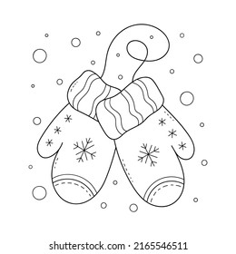 Winter mittens with snowflakes. Christmas decoration. Coloring antistress for adults and children. Doodle ornament in black and white. Hand draw vector illustration.