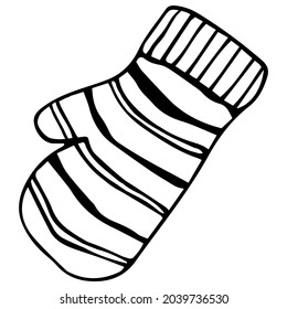 Winter mittens with a striped pattern. Winter style. Vector illustration, doodle. The black outline is a continuous line.