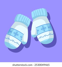 Winter Mittens Vector Illustration. A pair of cozy mittens with snowflake patterns in a cartoon style. Perfect for winter clothing and kids' cold-weather designs.