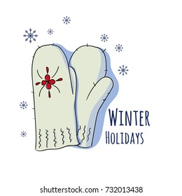 Winter mittens. Vector illustration for a postcard or a poster, print for clothes. New Year's and Christmas. Festive postcard.