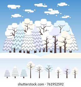 Winter mixed forest covered with snow. Separate deciduous and coniferous trees of various configurations. Flat illustration.