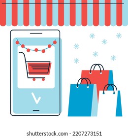 Pancartas de venta de celulares de invierno. Vector de la temporada de sitios web de compras en línea y banners de sitios web móviles, afiches, diseños de boletines informativos, anuncios, cupones, banners de medios sociales. Ilustración vectorial en estilo plano