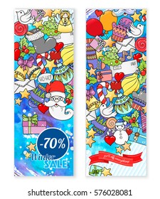 Winter mobile sale banners. Vector illustration for website banners, posters and coupons. Pattern with heart, snowflake, santa, gifts.
