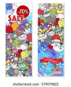Winter mobile sale banners. Vector illustration for website banners, posters and coupons. Pattern with heart, snowflake, santa, gifts.