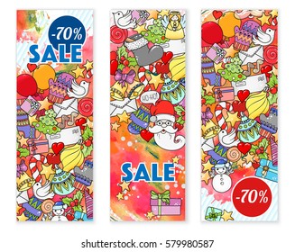 Winter mobile sale banners. Vector illustration for website banners, posters and coupons. Pattern with heart, snowflake, santa, gifts.