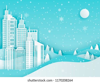 Winter modern city landscape with skyscrapers, paper houses, pine trees and snowflakes. Merry Christmas and New Year paper art background