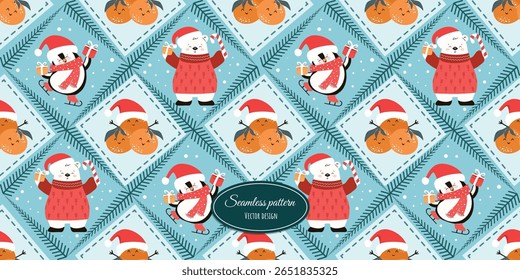 Winter, modern holiday seamless pattern with tangerines, polar bear and penguin. Beautiful, children vector design.