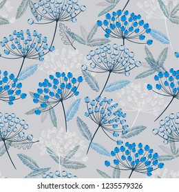 Winter monotone blue Hand drawn seamless vector pattern. Fall/winter line flowers and blue berries design for fashion,fabric.wallpaper and all prints on light grey background. 