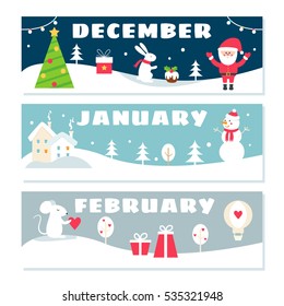 Winter Months Calendar Flashcards Set. Nature, Holidays and Symbols Illustrations