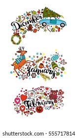 Winter months. December. January. February. Isolated vector object on white background.