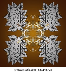Winter mood background. Abstract snowstorm with snowflakes. Windstorm. Blow snow texture pattern on brown background. Winter weather. Winter background. With golden snowflakes.
