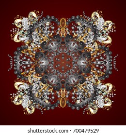 Winter mood background. Blow snow texture pattern on brown background. With golden snowflakes. Abstract snowstorm with snowflakes. Winter weather. Winter background. Windstorm.