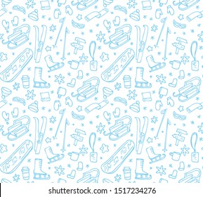 Winter mood background. Ski, skate, snowboard, sledge, snowflake Doodle seamless Pattern. Vector print for winter sport