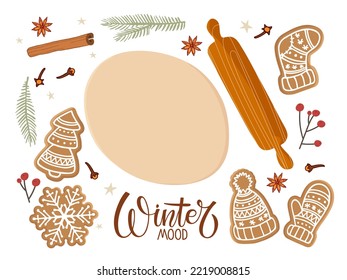 Winter mood. Different shapes Christmas gingerbread, rolling pin, Dough, Winter Holiday homemade Christmas pastry. Cozy winter, New Year, homemade cookies. Flat vector isolated on white background.