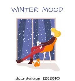 Winter mood. Girl is sitting near the window in the winter evening. Vector flat cartoon illustration.