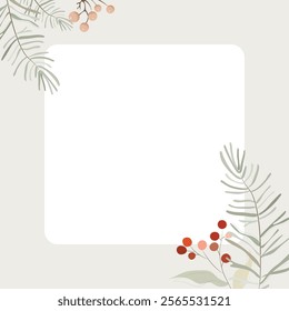 Winter mood greeting card poster template. Minimalist postcard, baner nature leaves, trees, fir, leaf branch, mistletoe. Vector illustration in flat cartoon style on white background