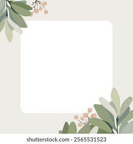 Winter mood greeting card poster template. Minimalist postcard, baner nature leaves, trees, fir, leaf branch, mistletoe. Vector illustration in flat cartoon style on white background