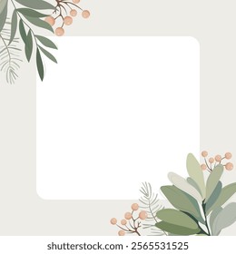 Winter mood greeting card poster template. Minimalist postcard, baner nature leaves, trees, fir, leaf branch, mistletoe. Vector illustration in flat cartoon style on white background