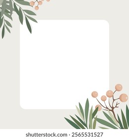 Winter mood greeting card poster template. Minimalist postcard, baner nature leaves, trees, fir, leaf branch, mistletoe. Vector illustration in flat cartoon style on white background