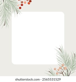 Winter mood greeting card poster template. Minimalist postcard, baner nature leaves, trees, fir, leaf branch, mistletoe. Vector illustration in flat cartoon style on white background