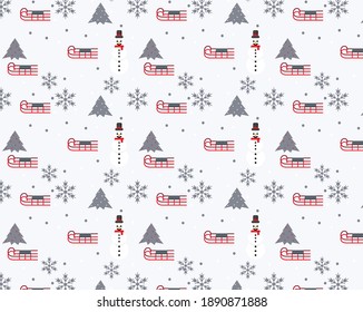 winter mood pattern vector. pattern on a gray background with a snowman, christmas tree, snowflakes and sledges