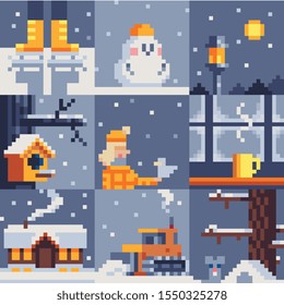 Winter mood pixel art style. Ice skates, snowman, street lamp, birdhouse, girl, cup of tea, house, snow blower and forest, Isolated vector illustration. Game assets. Design for stickers, web, app. 