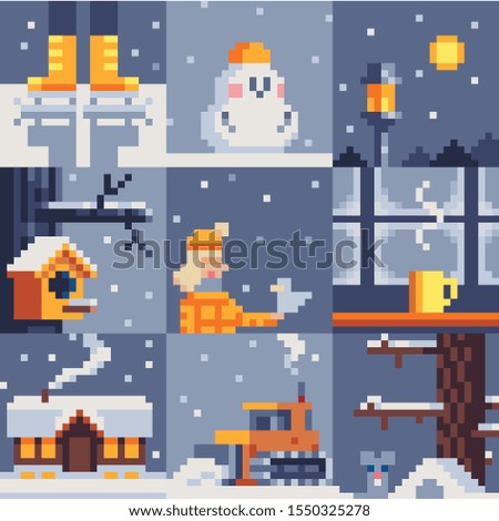 Winter mood pixel art style. Ice skates, snowman, street lamp, birdhouse, girl, cup of tea, house, snow blower and forest, Isolated vector illustration. Game assets. Design for stickers, web, app. 