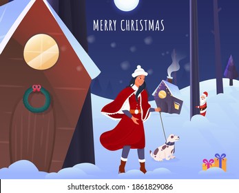 Winter Moon Night Background With Chimney House, Santa Claus And Young Girl Holding Dog Leash For Merry Christmas Celebration.