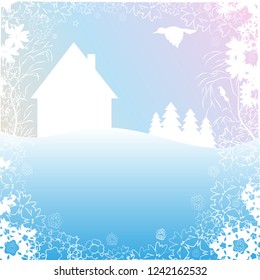 Winter morning with houses and birds. Background. Vector illustration