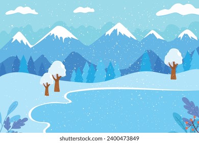 Winter morning. Winter landscape with mountains, lake, trees and fir trees. Vector winter illustration. Vector.