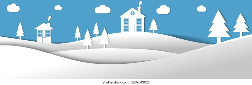 Winter morning landscape. Paper cut out countryside vector illustration. Digital craft style poster for christmas. Modern creative design. Long horizontal landscape.