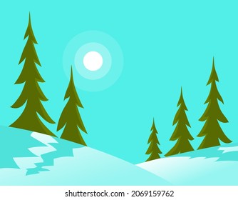 Winter morning landscape. They ate and snow. The sun is shining. Vector cartoon illustration