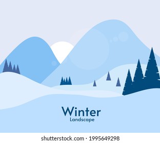 Winter morning mountain landscape for banner, wallpaper, backdrop design. Mountain landscape. Winter scene. Vector illustration. Blue mountains with cold sunlight.