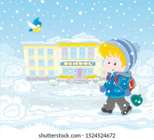 Winter morning, a smiling schoolboy with his schoolbag going to school through snowfall, vector illustration in a cartoon style
