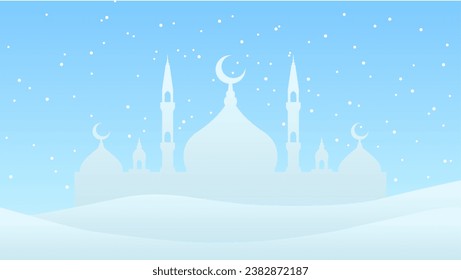 Winter mosque silhouette landscape vector illustration. Landscape ramadan design graphic in muslim culture and islam religion. Background of mosque in cold season for Islamic wallpaper
