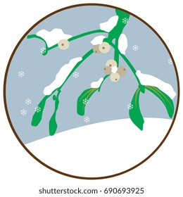 Winter motif in a round frame. Mistletoe under snow. Emblem, logo, icon or sign, element for design.