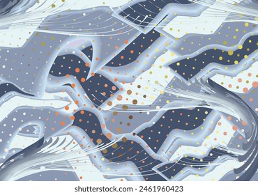 Wintermotive aus geometrischen Formen und farbigen Punkten für Interieur oder Cover. Schneebedeckter Boden für Tarnuniformen, Scrapbooking, Fliesen, Modetrends, Stoffe, Bildschirmhintergründe oder Karten, etc. 