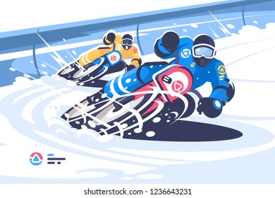 Winter motocross flat style poster. Men taking part in riding competition vector illustration. Extreme kinds of sport. Snow moto games and motorcycle racing concept