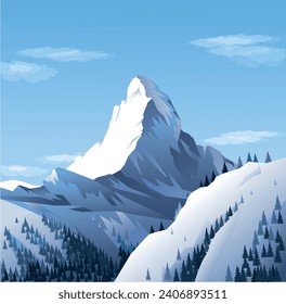 Winter mountain alpine landscape. Mountain Matterhorn (Switzerland). Vector art illustration